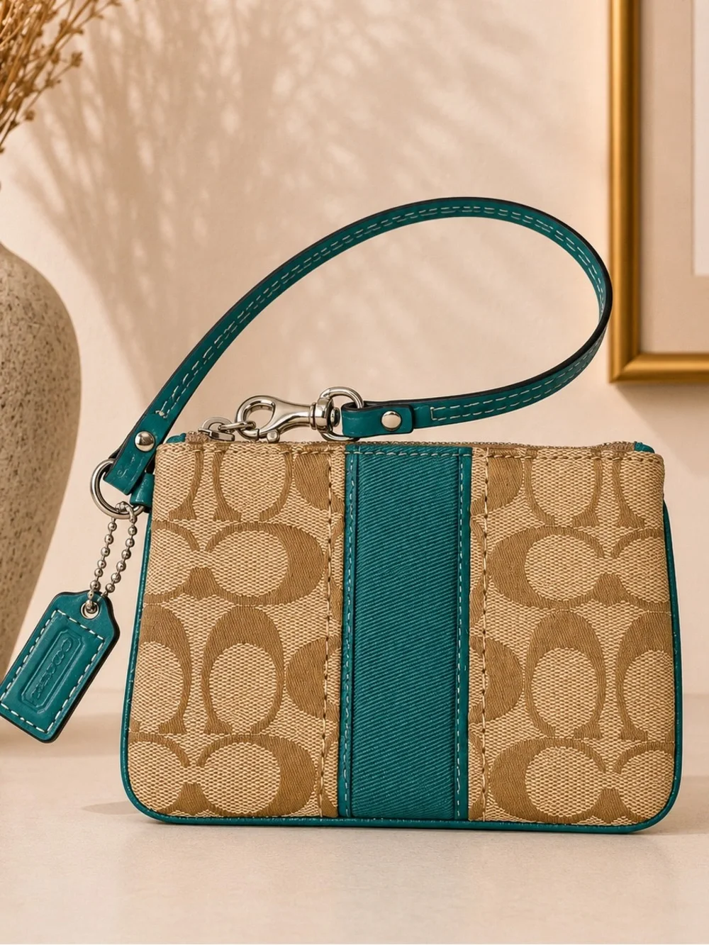 Coach Signature Khaki Canvas Turquoise Stripe Wristlet Zip Pouch Clutch Wallet